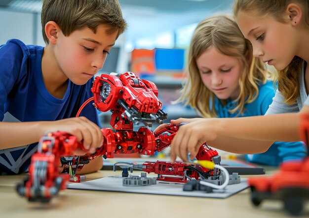 Foto niños y estudiantes aprendiendo en el aula conceptos de robótica y tecnología stem