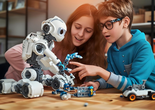 Foto niños y estudiantes aprendiendo en el aula conceptos de robótica y tecnología stem