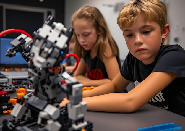 Foto niños y estudiantes aprendiendo en el aula conceptos de robótica y tecnología stem