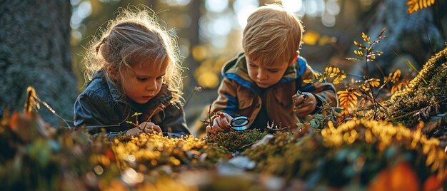 Foto niños examinando en el bosque a través de una lupaxa