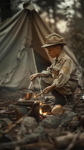 Niños exploradores cocinando sobre una fogata en el bosque Educación al aire libre y concepto de aventura para el diseño