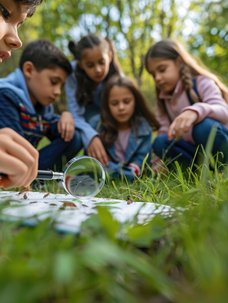 Niños explorando al aire libre examinando insectos y plantas