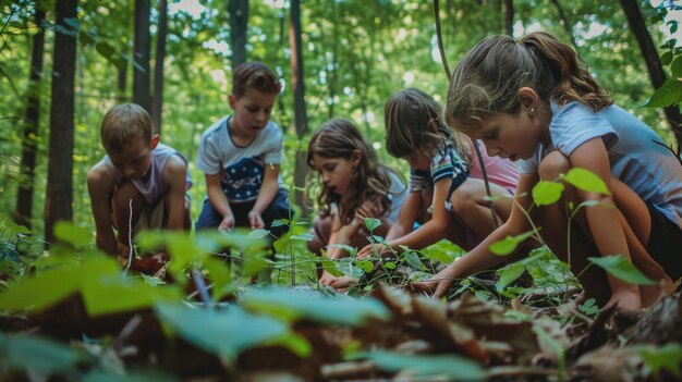 Niños explorando las maravillas naturales del bosque en un campamento de verano