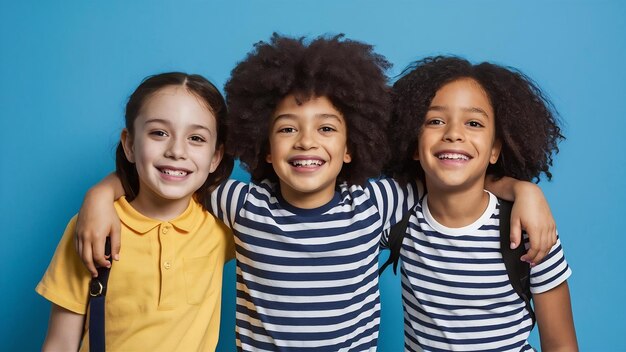 Niños felices aislados en el fondo azul del estudio parecen felices alegres sinceros copyspace