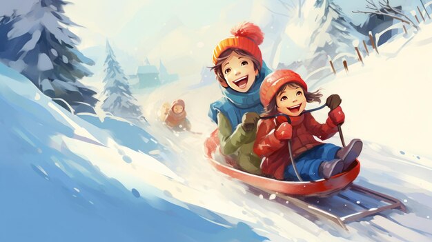 Niños felices al estilo de dibujos animados montan un trineo por una colina nevada imagen generada por IA