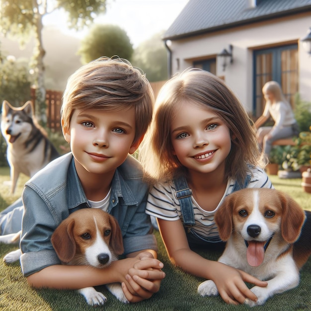 Foto niños felices y cachorros jugando en el césped delantero