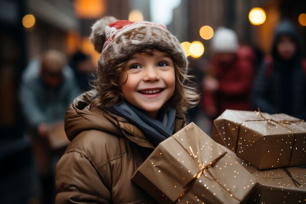 Niños felices en la calle con regalos de Navidad en las manos Regalos para donaciones de caridad y divulgación