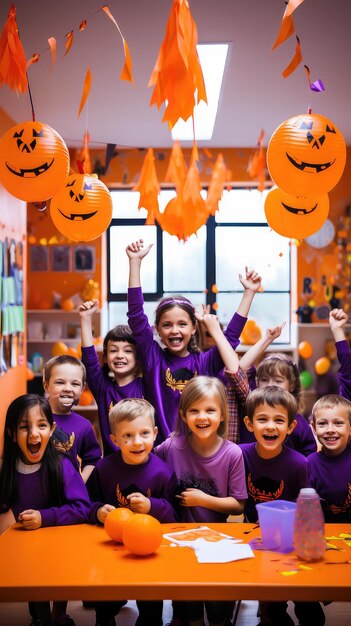 Niños felices celebrando Halloween en un salón de clases