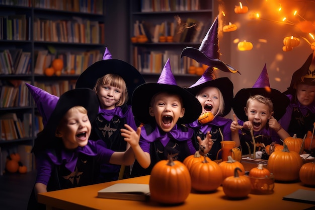 Niños felices celebrando Halloween en un salón de clases