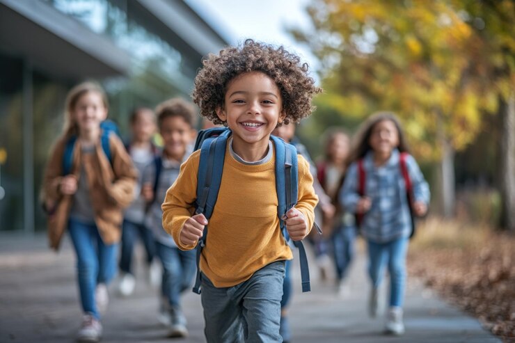 Niños felices corriendo a la escuela