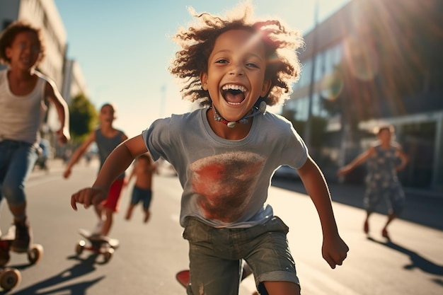 Niños felices corriendo en el horario de verano al aire libre