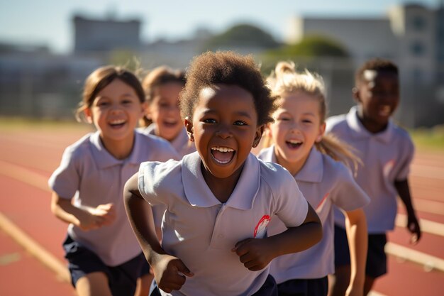 Niños felices corriendo en el horario de verano al aire libre