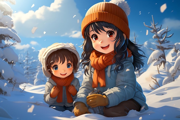 Niños felices de dibujos animados jugando en el fondo del bosque nevado de nieve