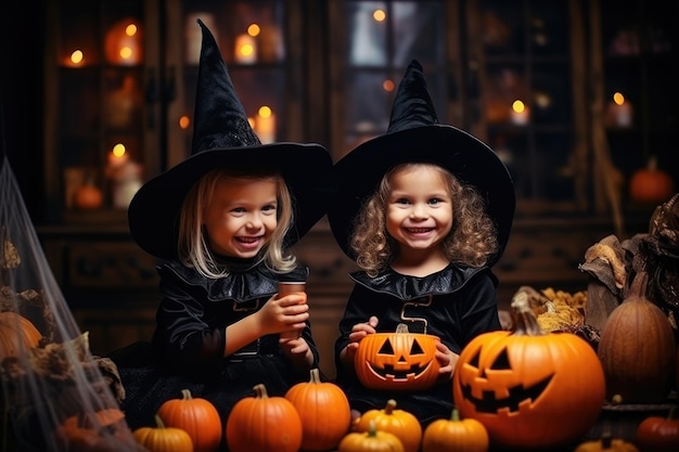 Niños felices con disfraces de Halloween entre calabazas