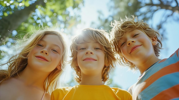 Niños felices disfrutando del día de verano al aire libre contra el cielo azul