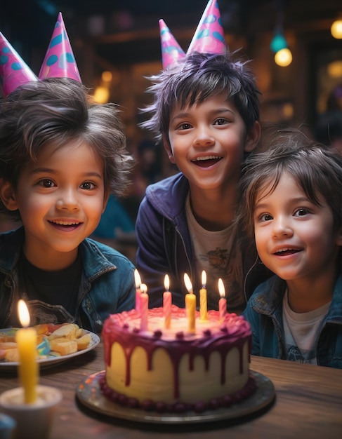 Niños felices y emocionados celebrando y divirtiéndose en la fiesta de cumpleaños infantil