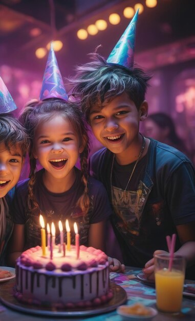 Niños felices y emocionados celebrando y divirtiéndose en la fiesta de cumpleaños infantil