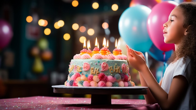 Niños felices en la fiesta de cumpleaños con una tarta enorme celebrando juntos con globos