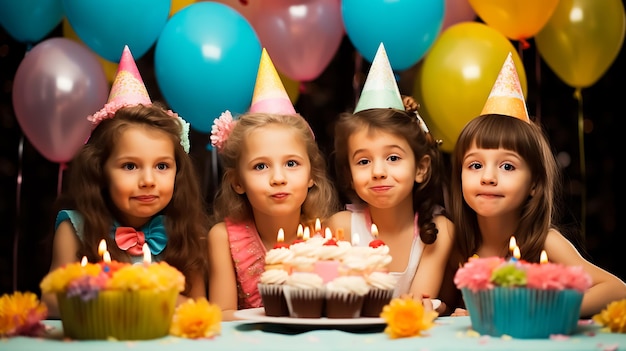 Niños felices en la fiesta de cumpleaños con una tarta enorme celebrando juntos con globos