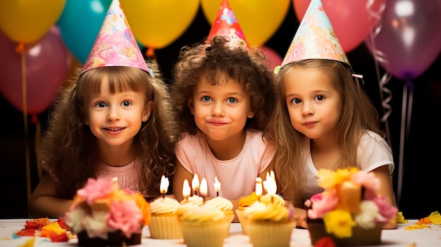 Niños felices en una fiesta de cumpleaños con una tarta enorme celebrando juntos con globos