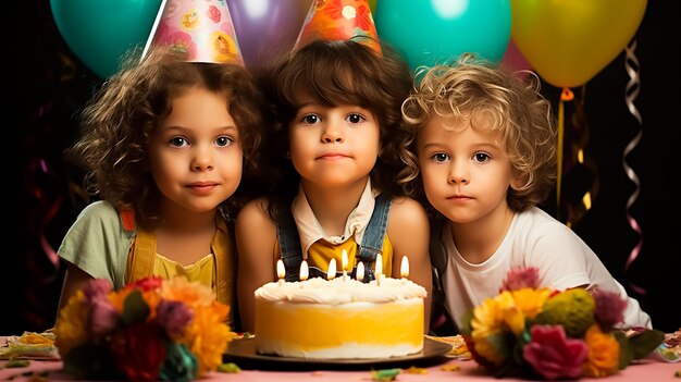 Niños felices en la fiesta de cumpleaños con una tarta enorme celebrando juntos con globos