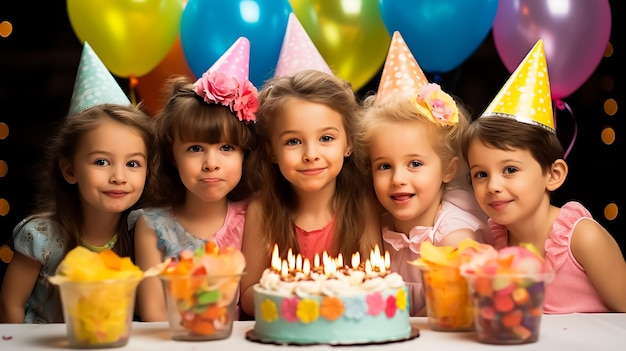 Niños felices en una fiesta de cumpleaños con una tarta enorme celebrando juntos con globos