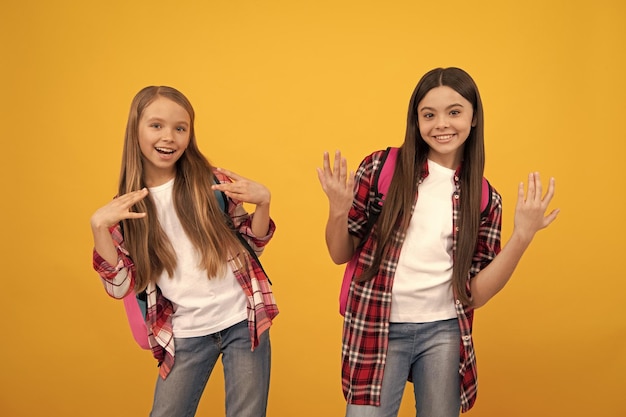 Niños felices y geniales con camisa a cuadros casual llevan mochila a la escuela secundaria