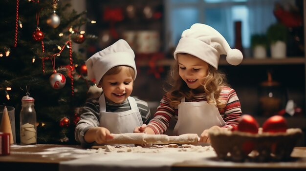 Los niños felices hornean galletas de Navidad en casa