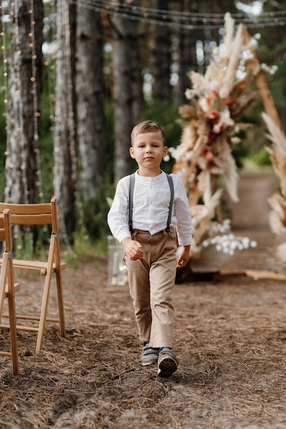 Los niños felices juegan en un bosque de pinos de verano