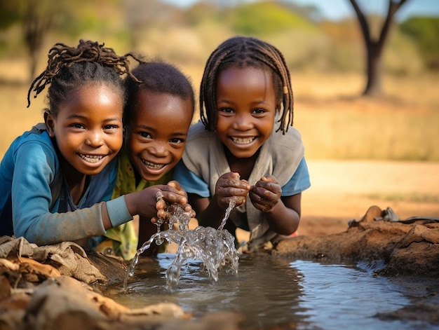 niños felices juegan en la corriente de agua generada ia