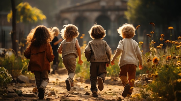 Niños felices jugando afuera y divirtiéndose juntos en verano un grupo de amigos alegres caminando