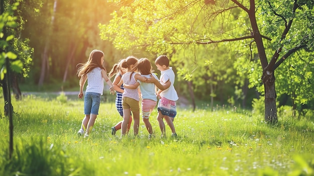 Niños felices jugando afuera y divirtiéndose juntos.