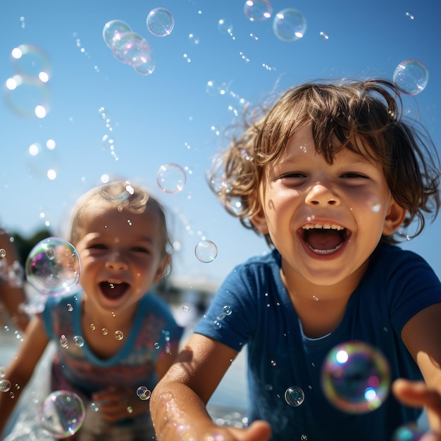 Foto niños felices jugando con burbujas de agua