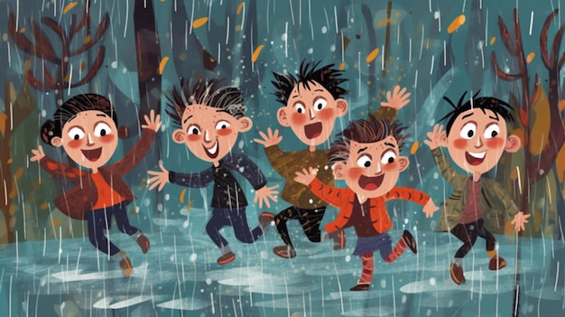 Niños felices jugando bajo la lluvia