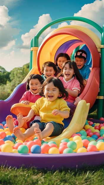 Niños felices jugando en el tobogán