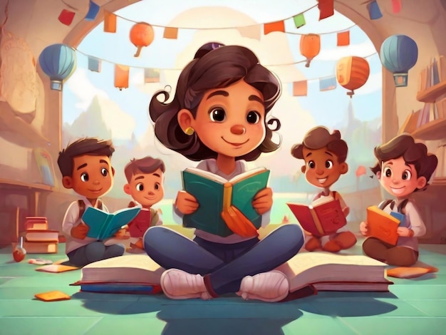 Niños felices leyendo libros y estudiando juntos