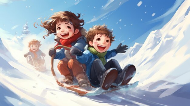 Niños felices montando un trineo por una colina nevada Ilustración en estilo de dibujos animados Imagen generada por IA