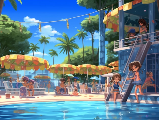 Niños felices nadando en la ilustración de dibujos animados de piscina