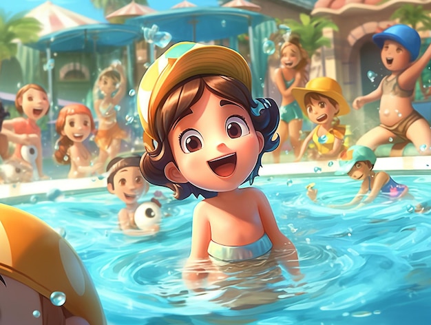 Foto niños felices nadando en la ilustración de dibujos animados de piscina