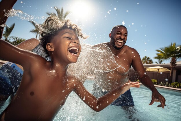 Niños felices y padres jugando con chapoteadero en la piscina en verano