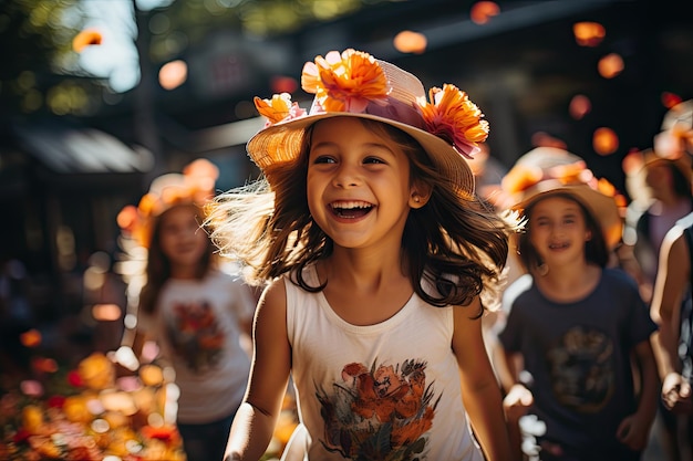 Niños felices persiguen sombreros coloridos en el soleado parque generativo IA