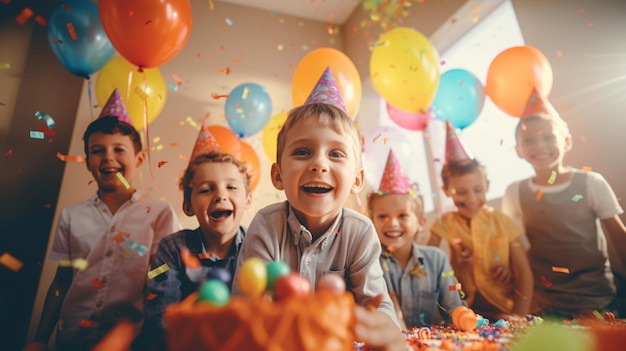 Niños felices preparándose para probar el pastel de cumpleaños con globos de colores en una fiesta de cumpleaños IA generativa