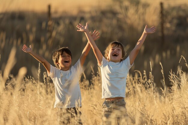 Niños felices que abrazan la alegría