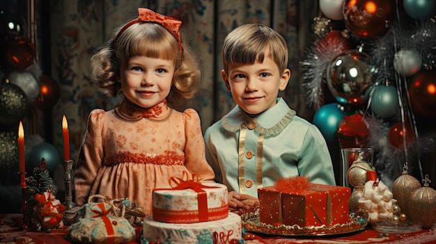 Niños felices con regalos de Navidad en sus manos, tarjetas de felicitación al estilo de los años 60 y feliz año nuevo