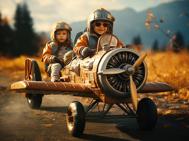 Niños felices y riendo conduciendo un avión en la carretera jugando a una aventura piloto infantil