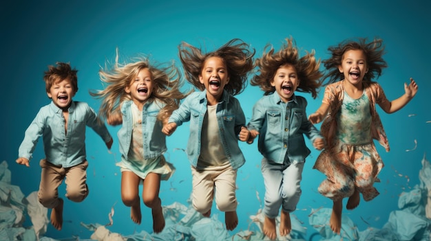 Niños felices saltando en el aire sobre fondo azul Concepto de libertad y felicidad para niños IA generativa
