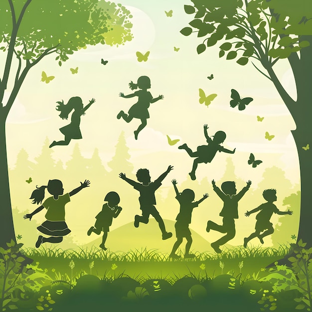 Niños felices saltando en el bosque Ilustración vectorial para su diseño