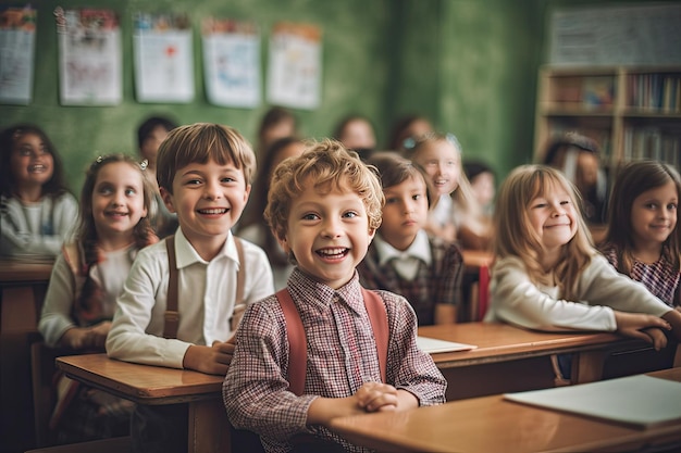 Niños felices sentados en el aula