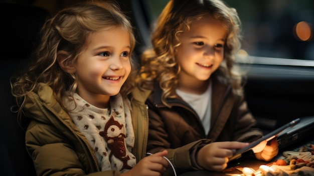 Niños felices con tabletas en el coche por la noche en viajes familiares