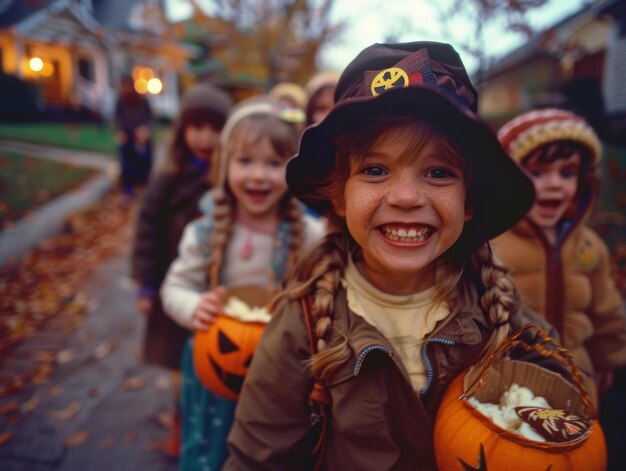 Foto los niños felices van a hacer trick-or-treating en halloween